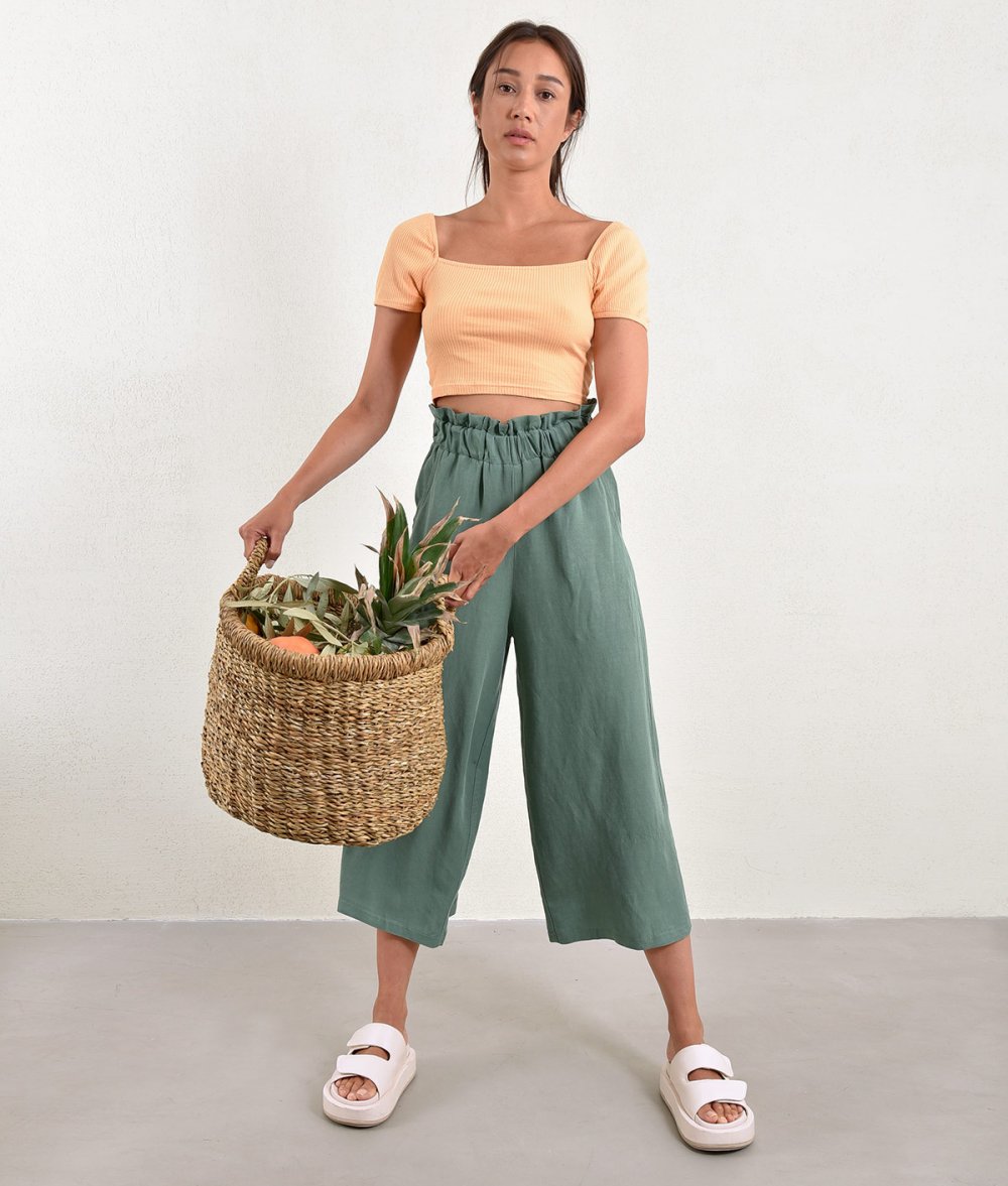 Cropped Pants With Elastic Waist