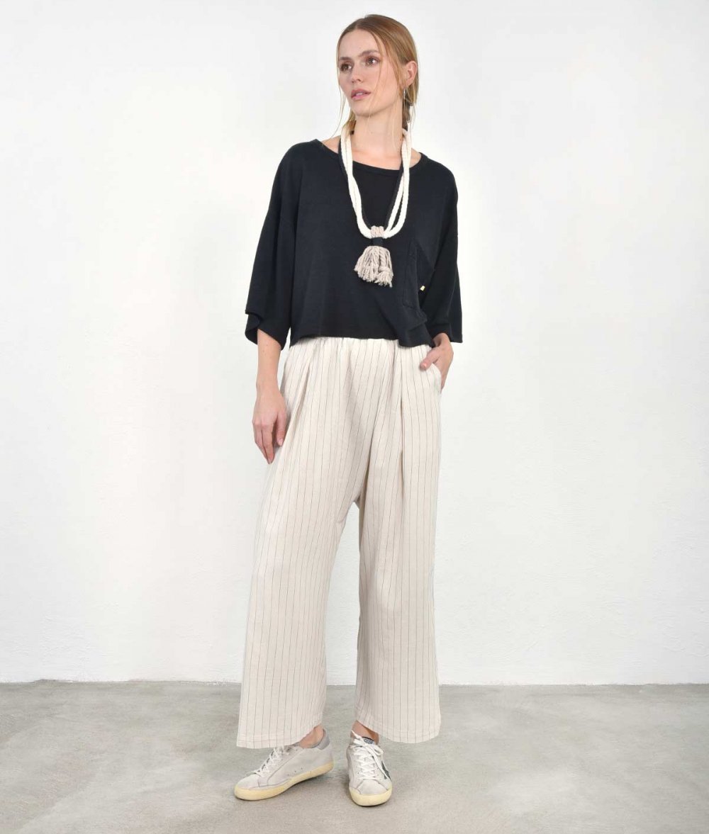 Striped Pants With Slanted Pleat